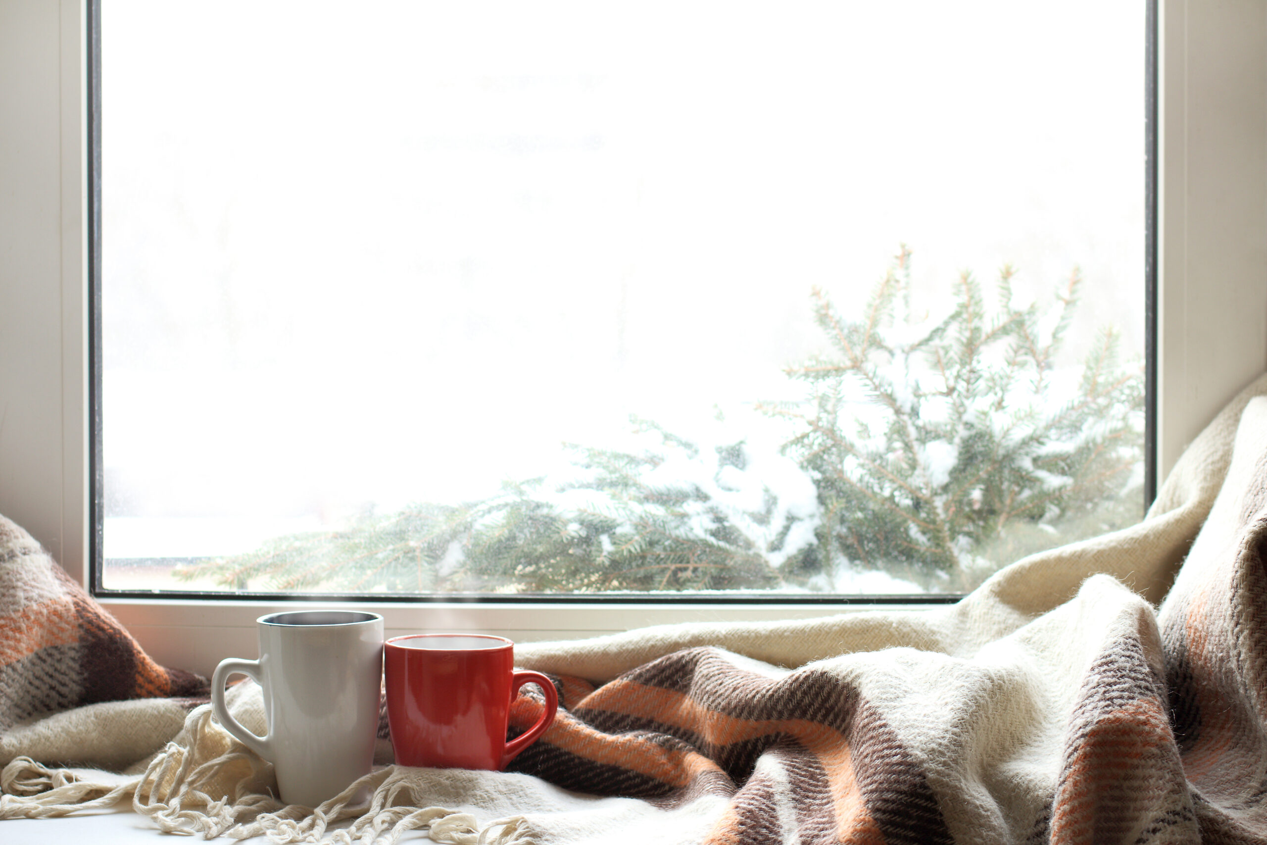 warming drinks in a cozy place pair of mugs and a warm blanket on the background of a window in winter