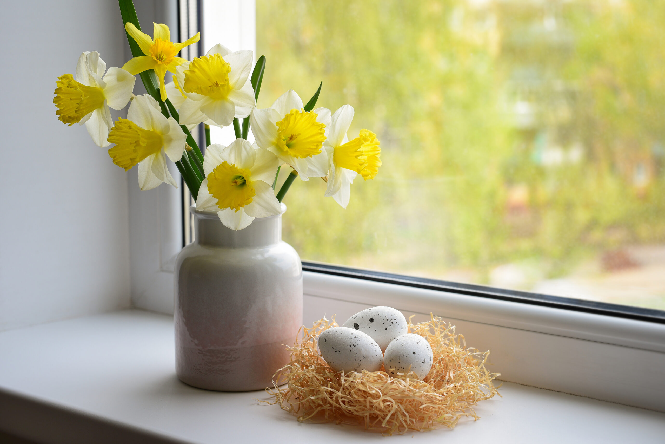Spring arrangement on the window of daffodil flowers in a vase and Easter eggs. Easter decoration in minimalistic style